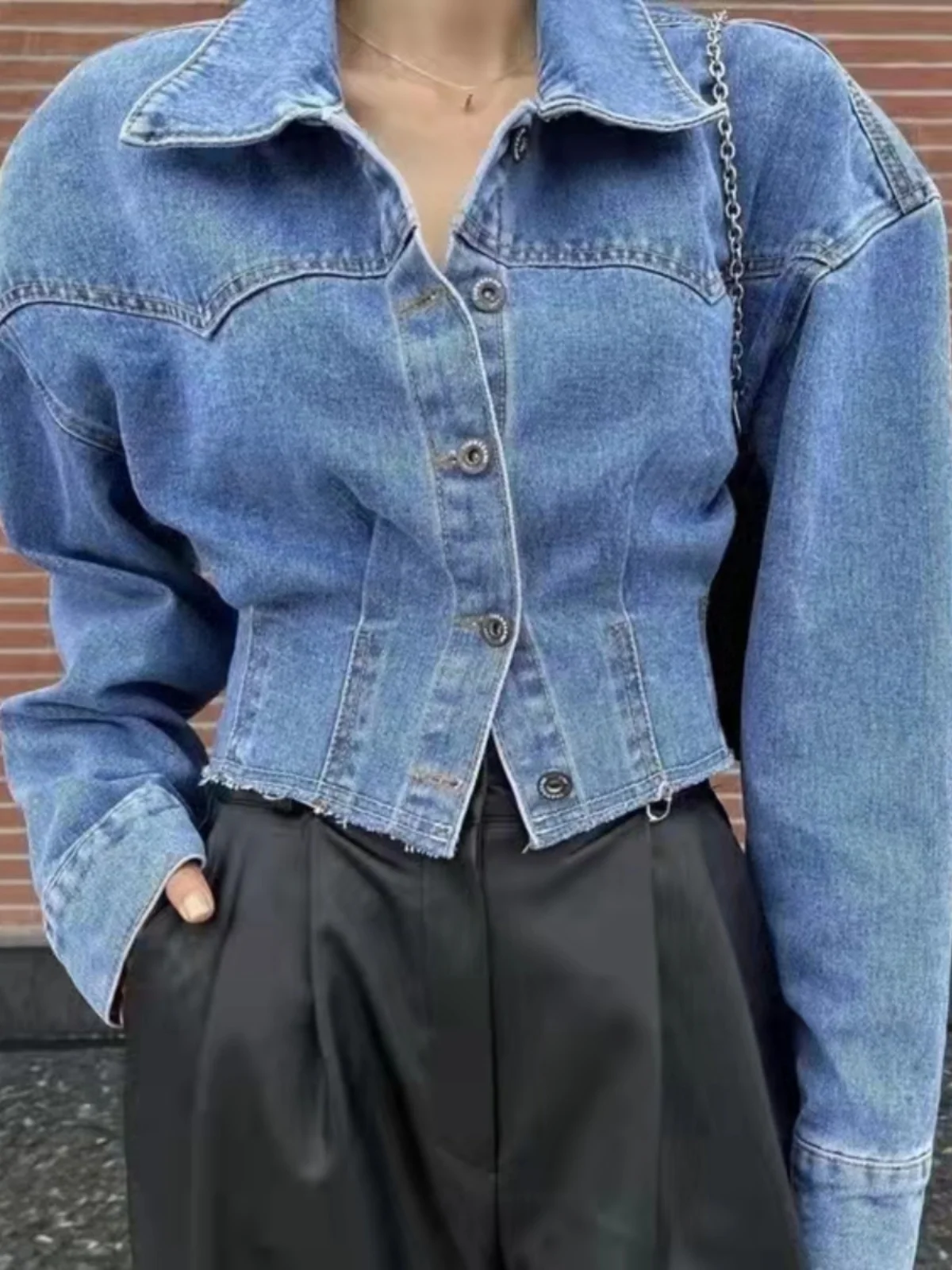

Blue Denim Jaet Women's Loose ort BF Sle Waist Cinched Slimming Versatile Jaet Collar Button up Casual Outerwear