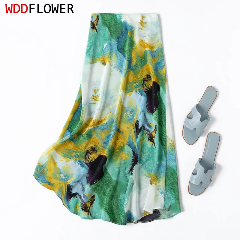 

Women Silk Skirt 100% Mulberry Silk Crepe Silk Oil Painting Printed Chic Fishtail Fit Midi Skirts L XL M1180