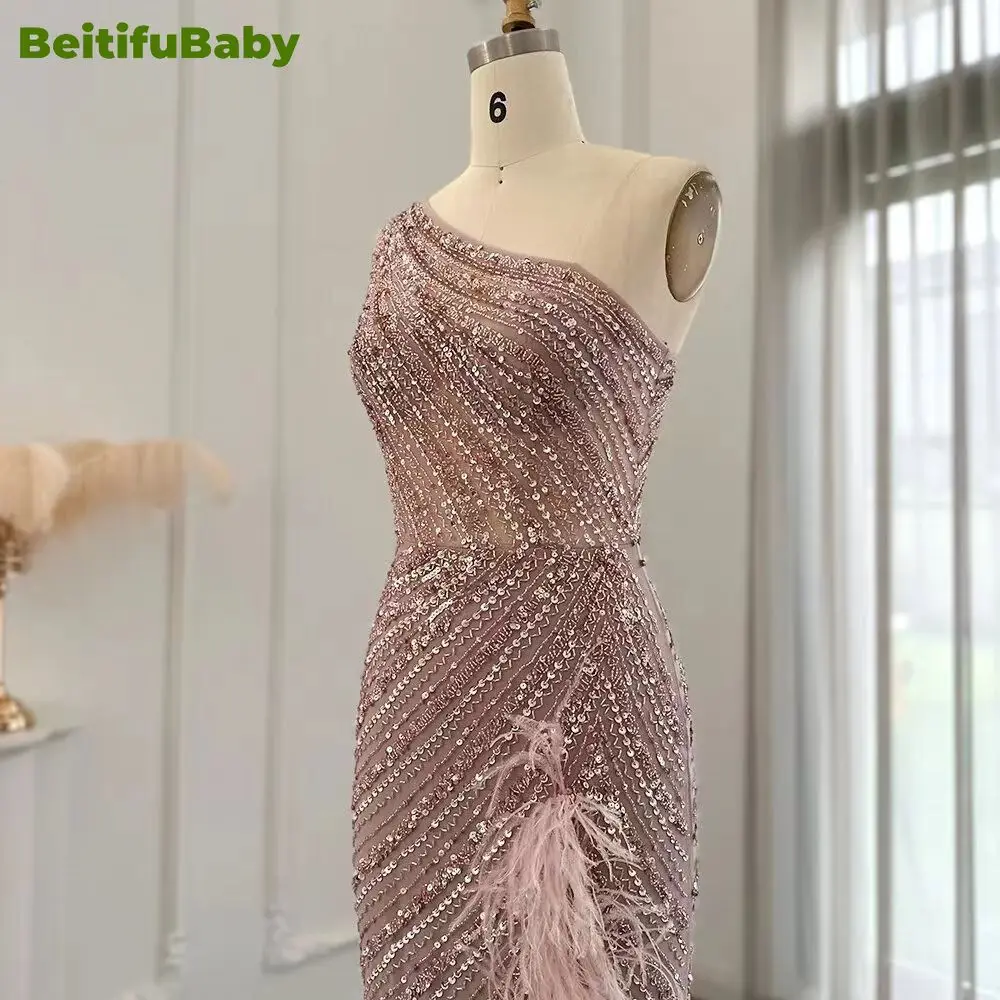 BeitifuBaby Women\'s Evening Dress Elegant Arabic One Shoulder Feather Sequins Waist Tight Slimming Dubai Party Dresses for Women