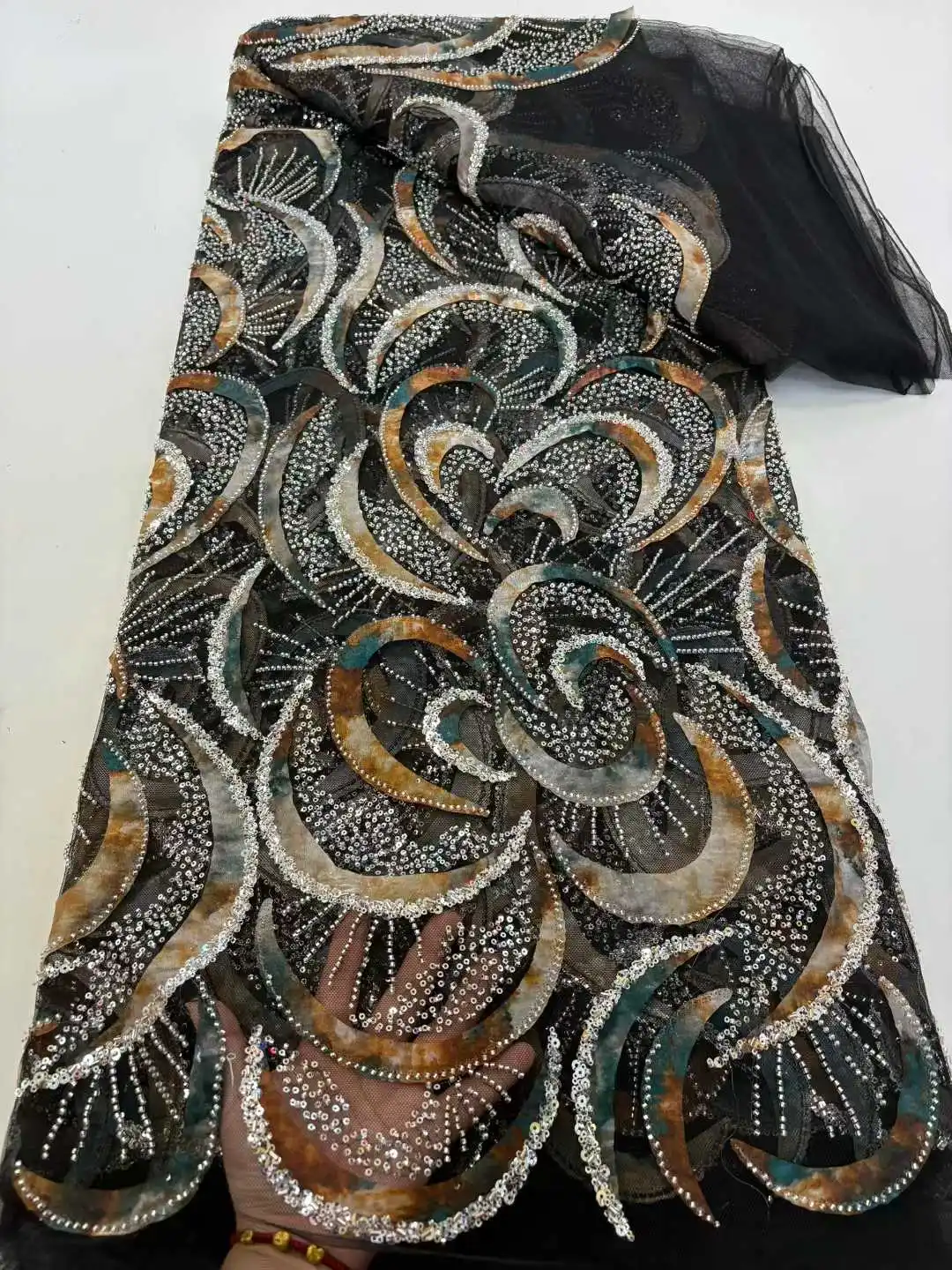 

Африканская кружевная ткань, 5 ярдов, высокое качество, 2021, черная кружевная ткань с бисером в Дубае, тюлевая кружевная ткань с блестками для шитья