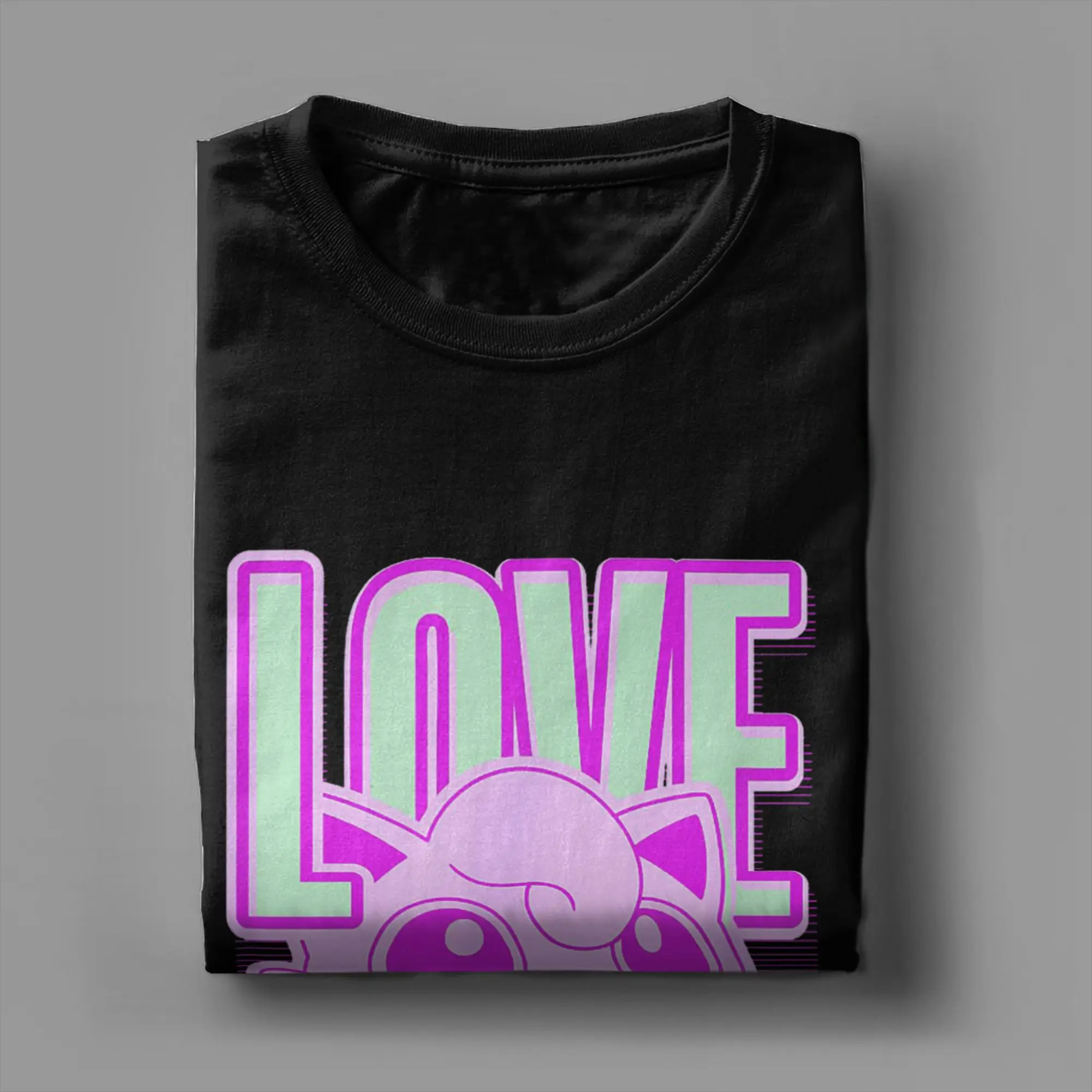 بوكيمون Jigglypuff الحب النيون الوردي جيب الوحش تي شيرت القطن الخالص تي شيرت الياقة المستديرة تي شيرت ملابس قصيرة الأكمام