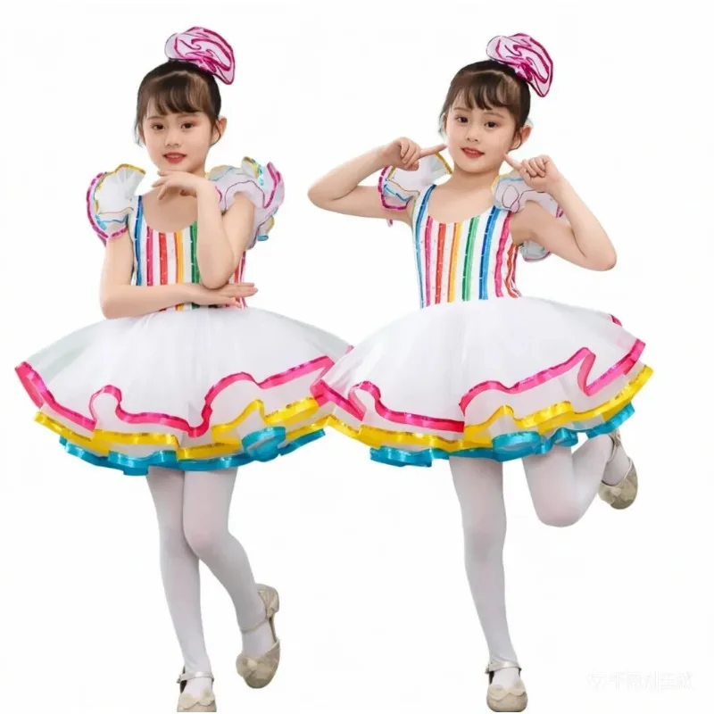 キッズローズ社交ダンス衣装-キュートモダンダンスチュチュドレス-ガールズジャズダンスウェア-パフォーマンスステージウェア-プリンセスドレス