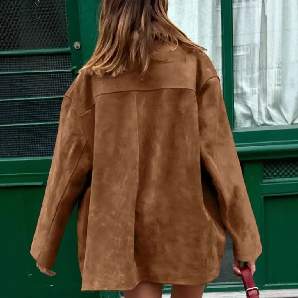 Women's Vintage Brown Suede Lapel Jacket Coat Loose Thickened Mid-Length Winter Fashion Outerwear