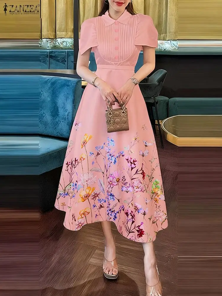 Sukienka ZANZEA 2025, stylowa, z nadrukiem, elegancka sukienka biurowa damska, z kołnierzykiem, rękawami z mankietami, midi, z talią, w kształcie litery A, sukienka na imprezę, letnia sukienka.