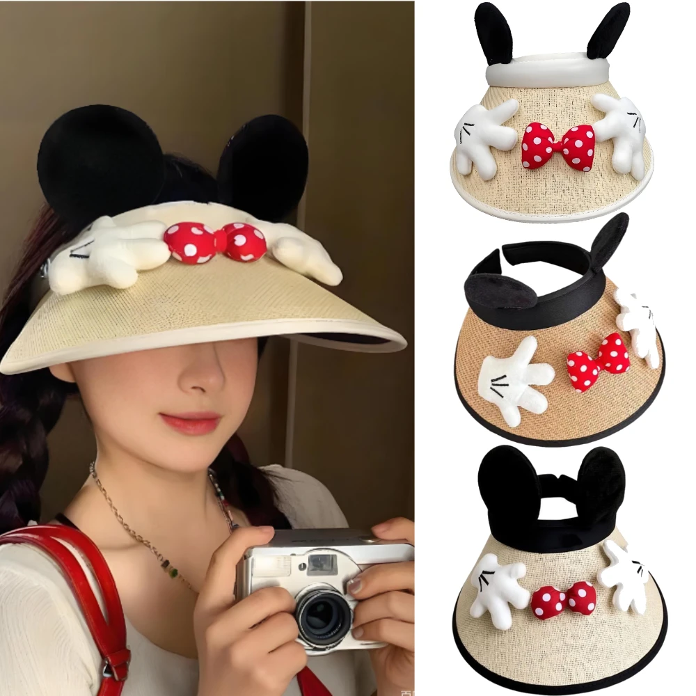 Cute Cartoon Mouse Hat with Paw Summer Fashion and Versatile Travel Sun Protection Wide Brim Bow Straw Hat Outdoor Daily Wear