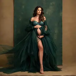 Dark Green Prom Dresses For Women Tulle Slit Maternity Photoshoot Dress Off the Shoulder Lace Empire Gown for Baby Shower