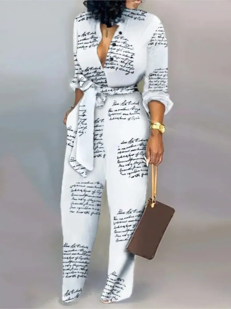 Fashion Print Women\'s Jumpsuit Long Sleeved High Waist Lace Up Wide Leg Pants Elegant Shirt Jumpsuits Autumn Casual Office Lady