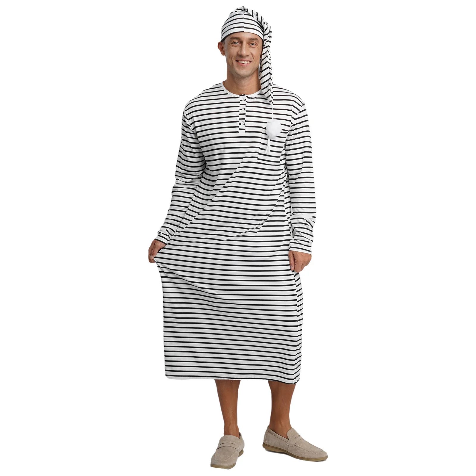 

Men Adult Long Sleeve Sleep Robe Dress with Hat Sets Striped Loose Pajamas Dress for Comfortable Loungewear Daily Home Nightwear