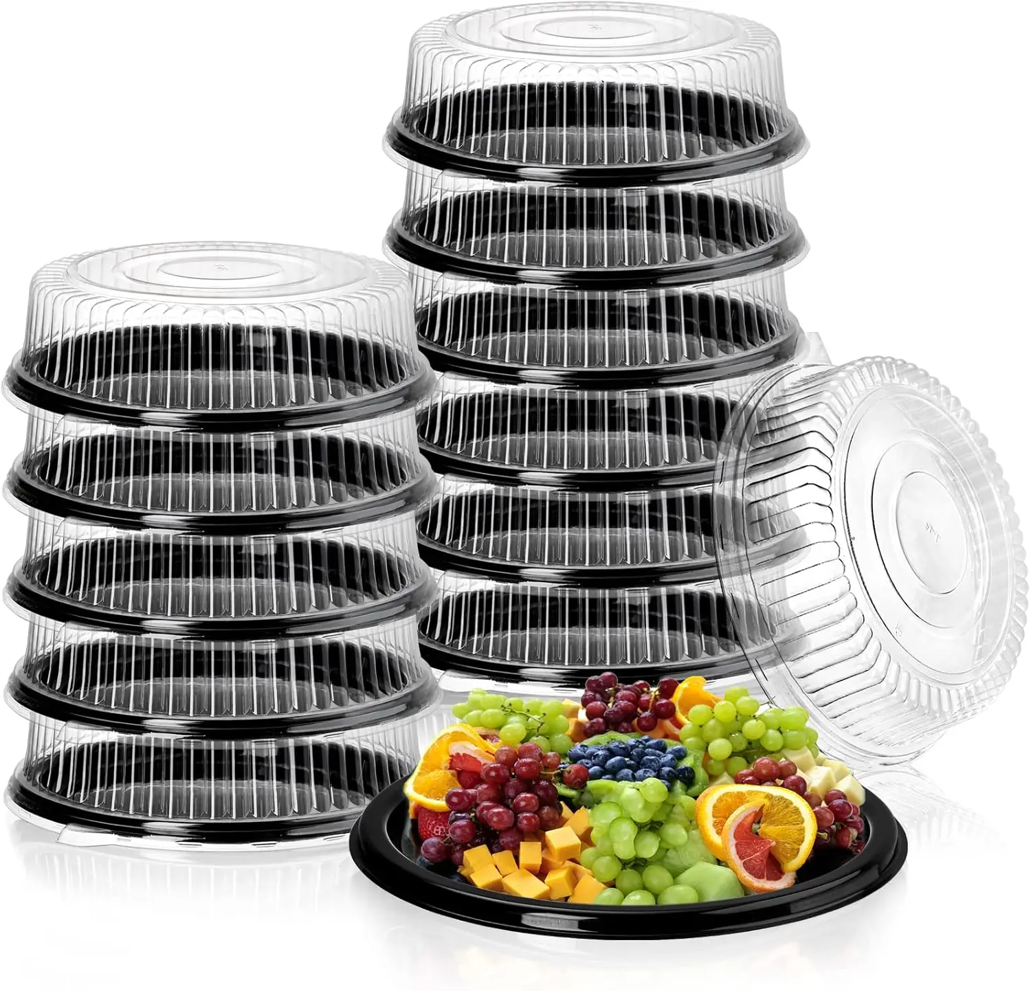 

12 Pack 12 Inch Plastic Serving Tray with Lid, Disposable Plastic Food Serving Platters with Clear Dome Lids, Stackable