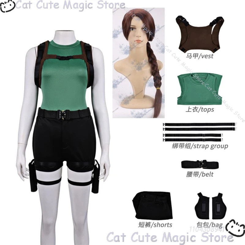 

Laraa Horro Game Outfit Cosplay Woman Sexy Green Vest Black Shorts Strap Group Bag Brown Twist Braid Wig Halloween Party Suit