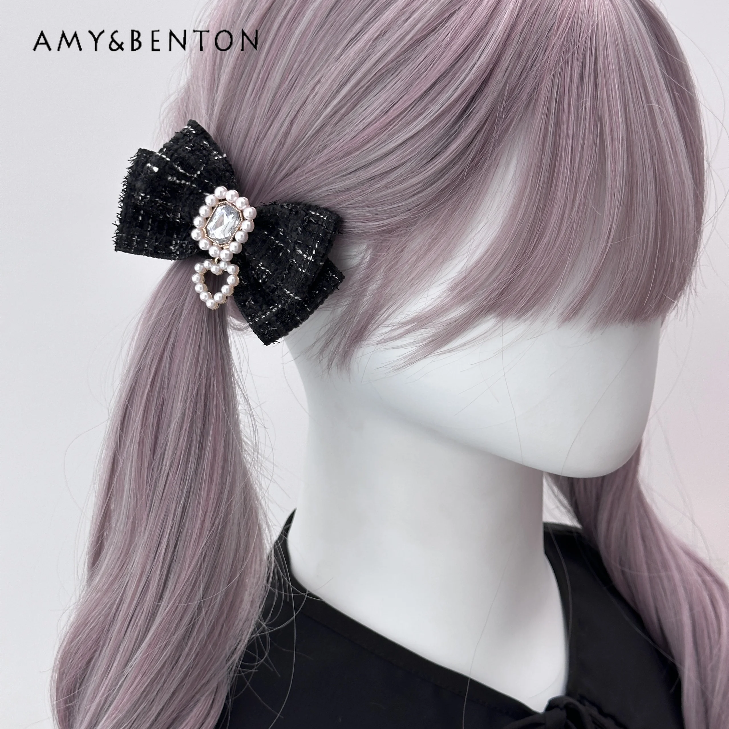 

Mine Series Mass-produced Tweed Bow Hairpin Temperament Sweet Rhinestone Love Pendant Hair Bow Japanese Kawaii Hair Accessories