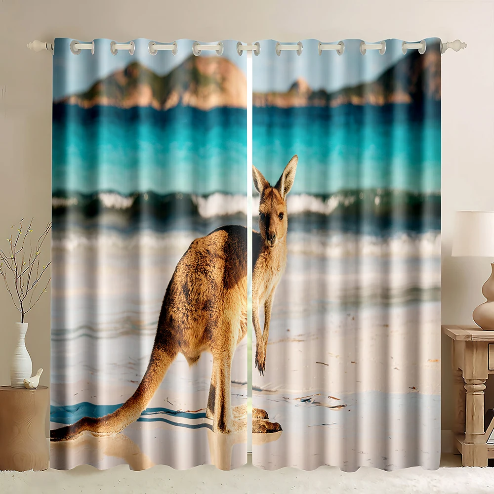 Kangaroo Blackout Curtains,Kangaroo Standing On the Beach,Wild Animals Theme Window Curtain Kangaroo 3D Printed Wildlife Pattern