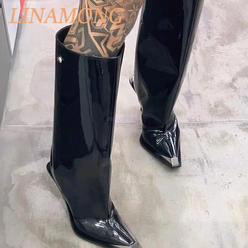 Metal Pointed Loose Fitting Straight Leg Boots Fashionable One Foot Kick Slim High Heels Long Leg Boots Black Knight Boots