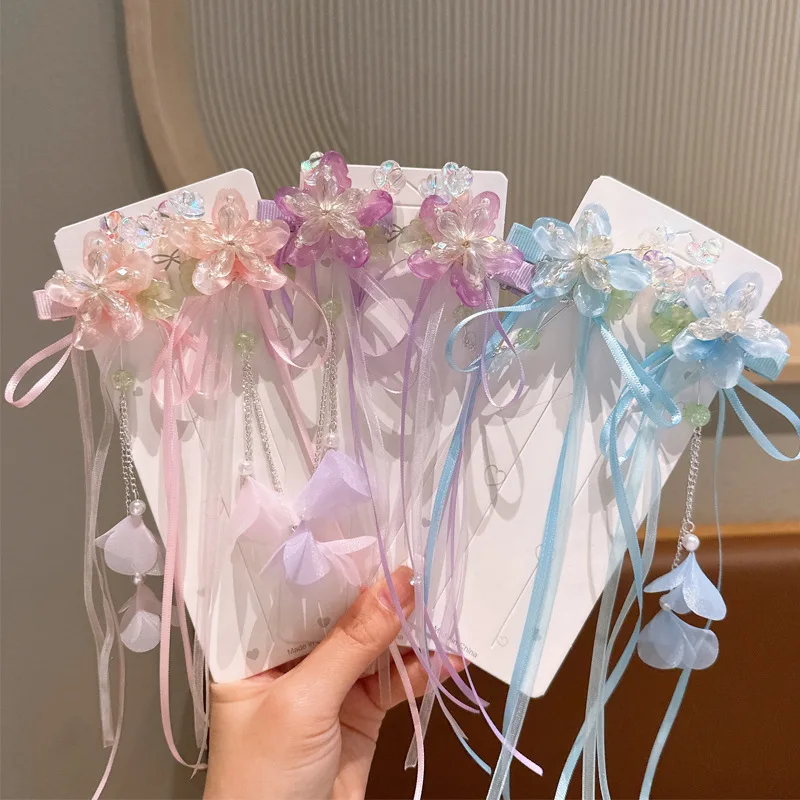 Vintage Chinese Organza Ribbon Bow Tassel Hairpins Hairgrips Butterfly Flower Hair Clips for Girls Han Fu Pins Hair Accessories