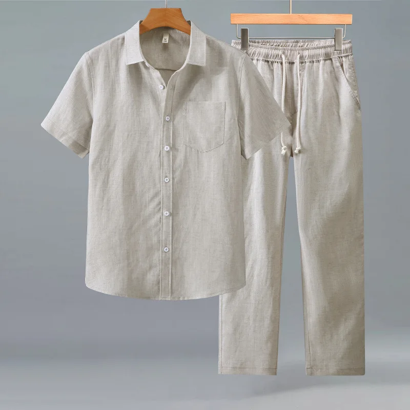 2026-minglu-lyocell-linen-spring-summer-men's-sets-luxury-short-sleeve-solid-color-male-shirts-elastic-waist-casual-man-pants