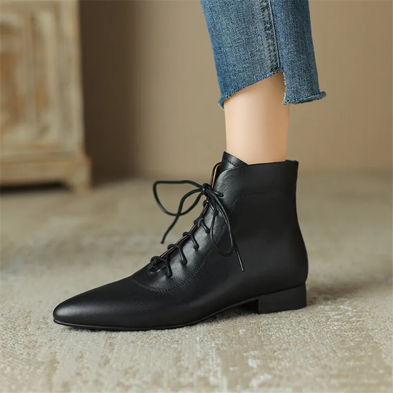 2023 New Winter Genuine Leather Women Boots Pointed Toe Chunky Heel Boots for Women Low Heels Short Boots Concise Ladies Shoes