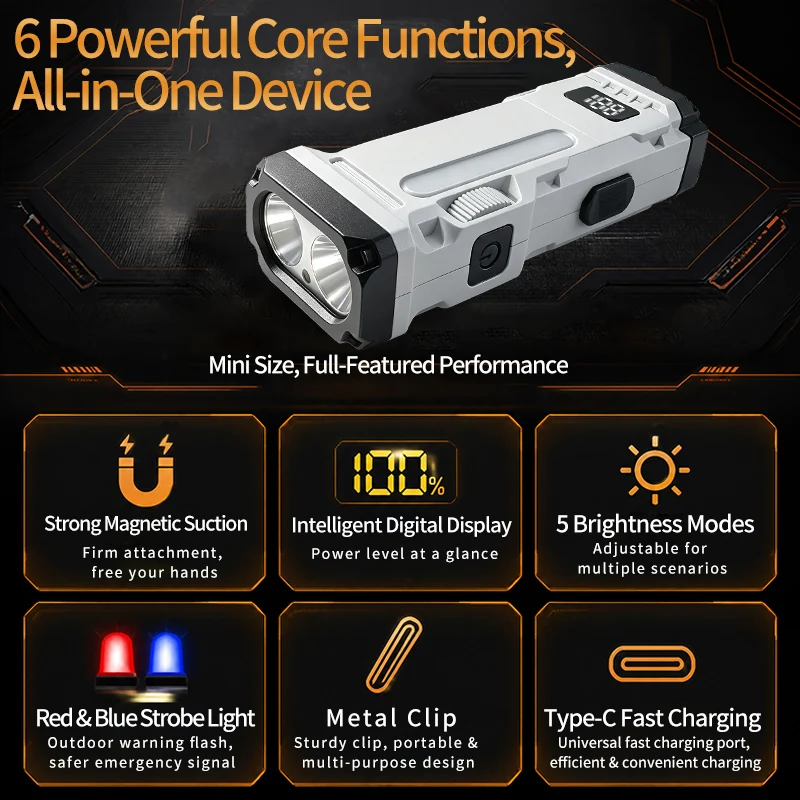 Multi Functional Outdoor Portable Strong Light Flashlight, Digital Display with Magnetic Attraction, Red and Blue Flashing Warni
