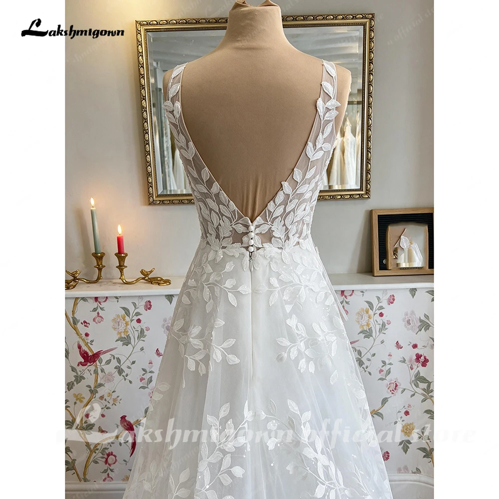 Lakshmigown Flügelärmel Blattspitze A-Linie Hochzeitskleid 2027 Tiefer V-Rücken Tüll-Brautkleid mit Kathedralenschleppe Maßanfertigung – Detail 10