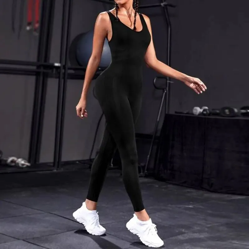 Effen Mouwloze Rugloze Lage Nek Hoge Taille Bodycon Jumpsuits Voor Dames Casual Rompers Activiteit Jogger Pakken Rugloze Bodysuit