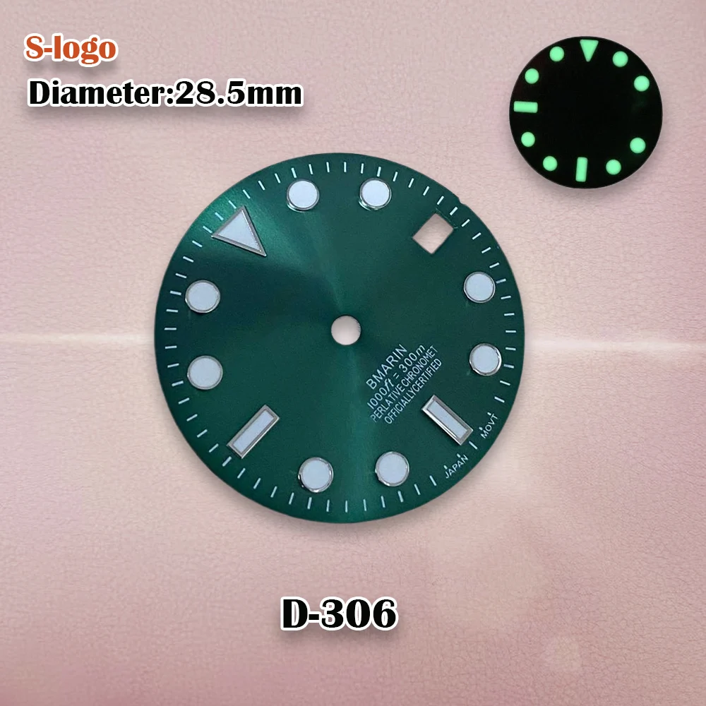 28.5mm nh35 dial s logotipo sunburst sub/skx007 dial adequado para movimento nh35 verde luminoso nh35 acessórios de relógio