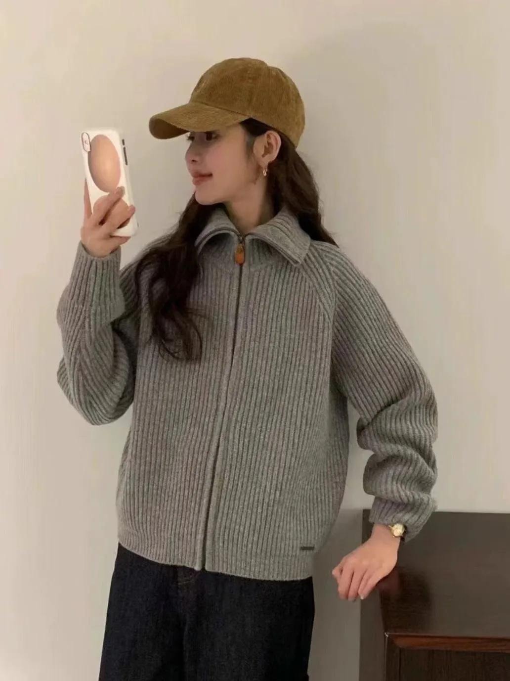 

Корейский свитер на молнии в стиле ретро, пальто, осень-зима, высококачественный вязаный топ с отложным воротником для женщин