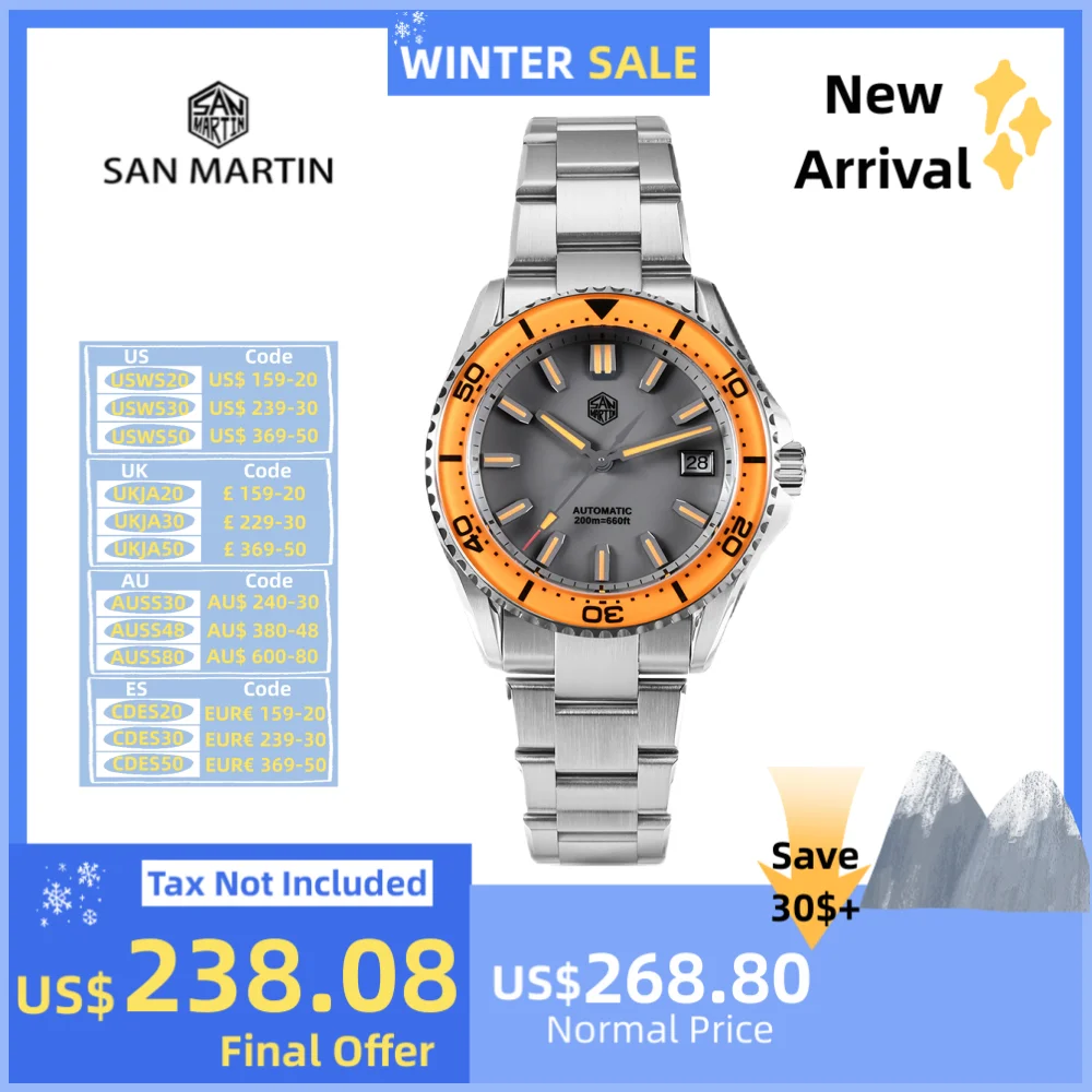 San Martin Sapphire Bezel NH35 Sports Men Watch Enamel Dial 3H Date 20Bar Waterproof BGW-X1 / Orange Luminous Wristwatch SN0129D