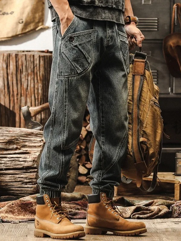Retro American Classic Faded Jeans Men's Spring Autumn New Trend Workwear Casual Pants mid Waist Pocket Youth Popular