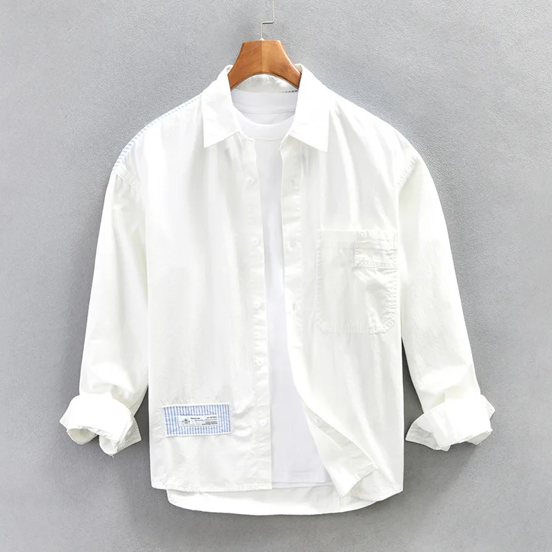 

Z212 Men's Casual White Shirt Spring Fashion Japan Style Chic Patchwork Long Sleeve Lapel Shirt With Pocket Loose Versatile Tops