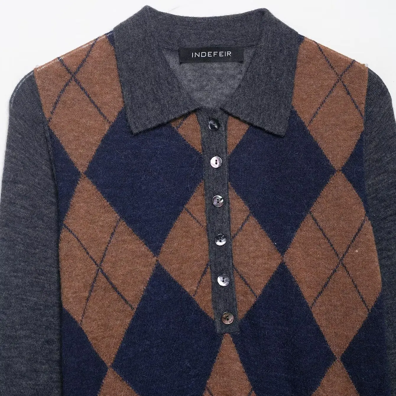 KASLEAD Neue Damen Faion Simple Diamond Gestrickte IRT Polyesterfaser Lange Sve Umlegekragen Knopfverschluss