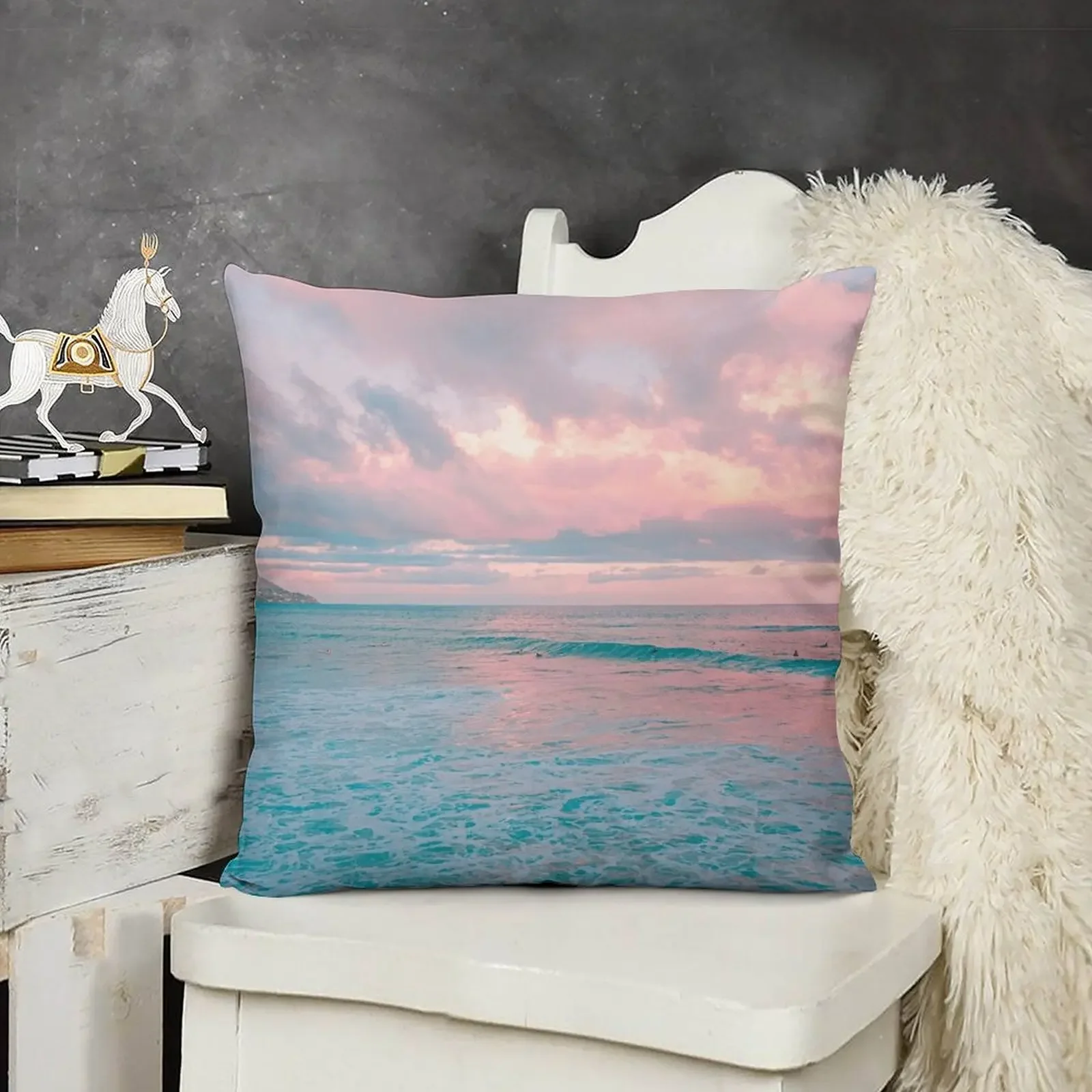 Beautiful Cotton Candy Pink Sky, Ocean Waves Throw Pillow pillow cover christmas pillow cover luxury