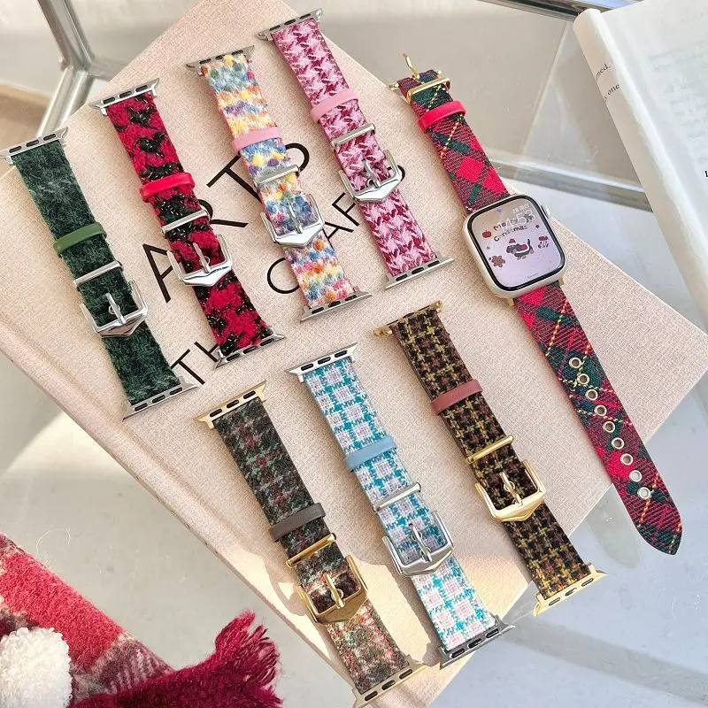 

Leather Strap for Apple Watch S10 Band Lattice Woolen Christmas Winter Warm Bracelet for Apple watch Ultra 10 9 8 7 6 5 4 3 2 SE