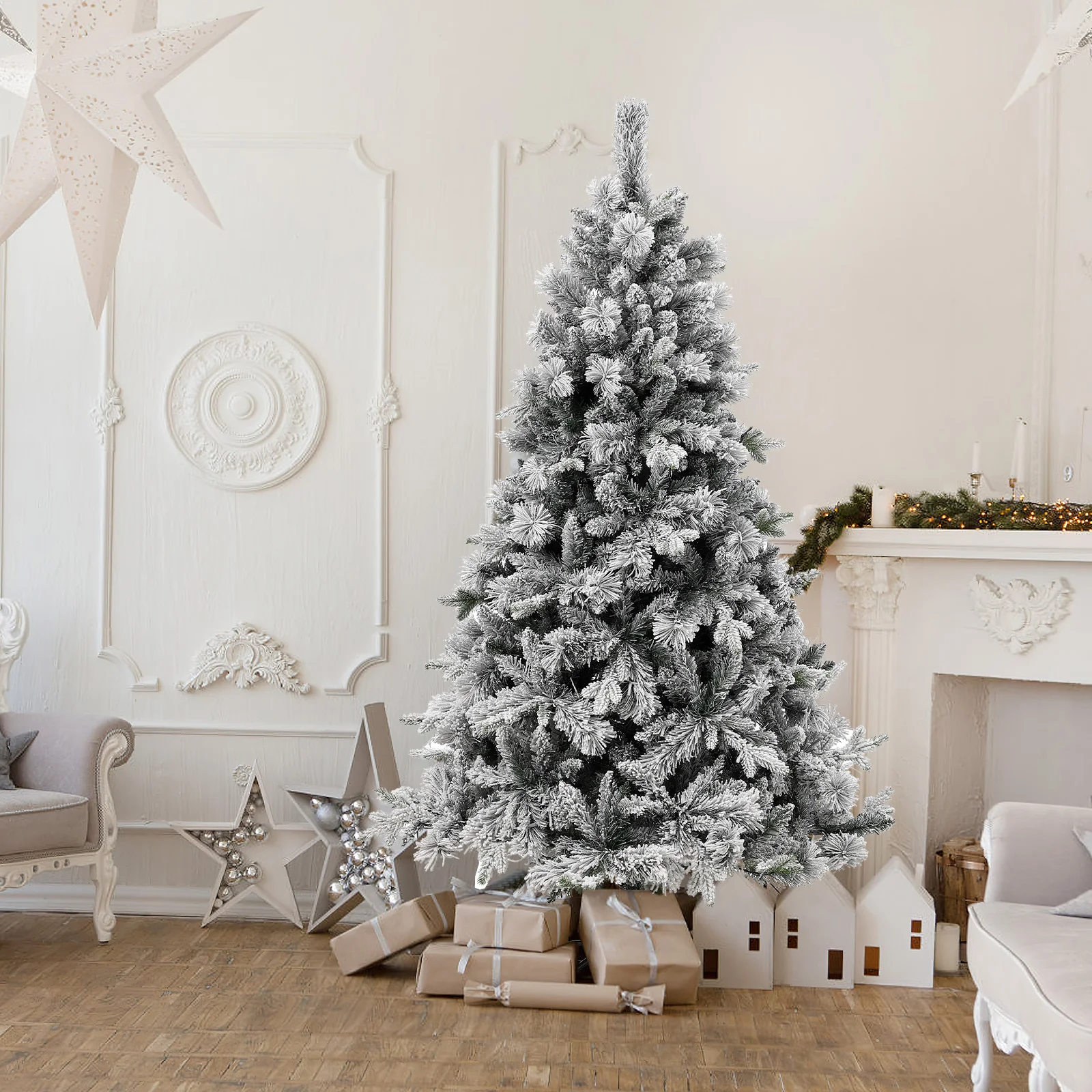 6FT Pre-Lit Snow-Flocked Artificial Christmas Tree - 400 Multicolor LED Lights, 850 Hinged Sections, PVC/PE Pine Needles, Metal Stand, Indoor/Outdoor Holiday Decor