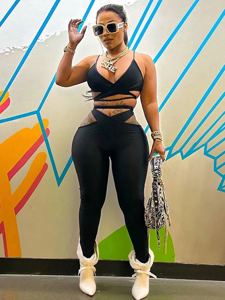 

Whatiwear Sexy Fashion Tracksuit 2 Piece Set Women Low-Neck Cross Bandage Camisole+Hollow High-Waist Leggings Stretch Outfits