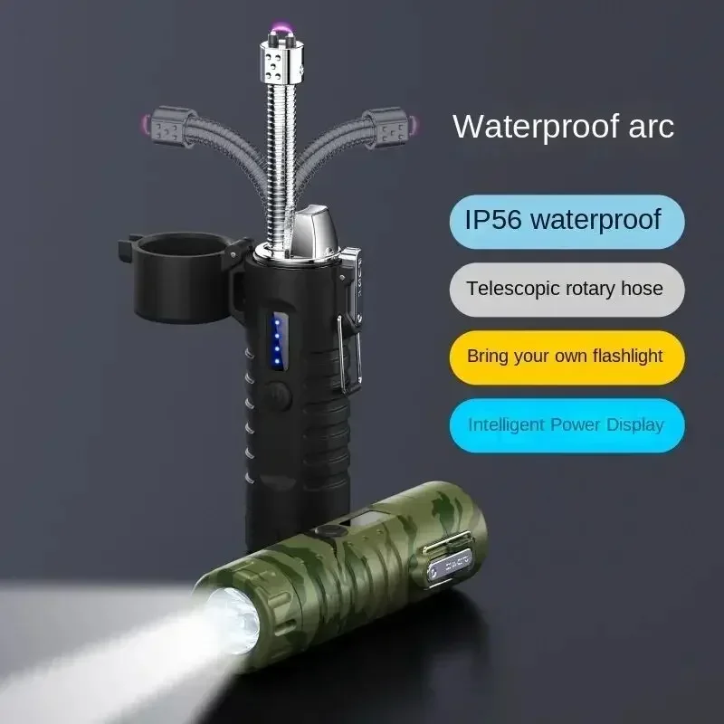 Metal Windproof Waterproof Plasma Lighter, Dual Arc Type-C Rapid Charge Lighter, Outdoor Igniter with Strong Light Flashlight