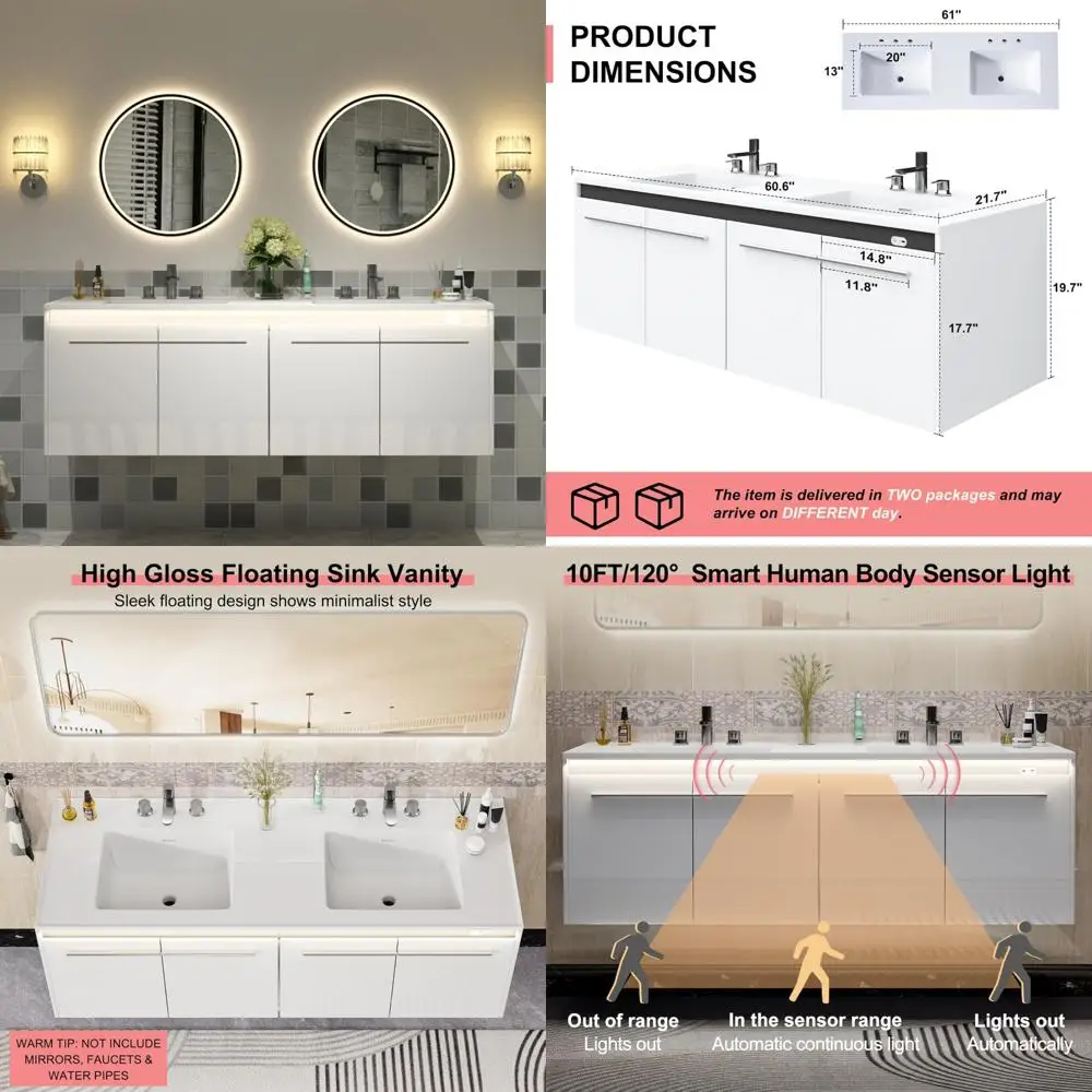 

Роскошный 60-дюймовый плавающий туалетный столик с двойной раковиной и светодиодной подсветкой с датчиком движения и глянцевым настенным шкафом для ванной комнаты