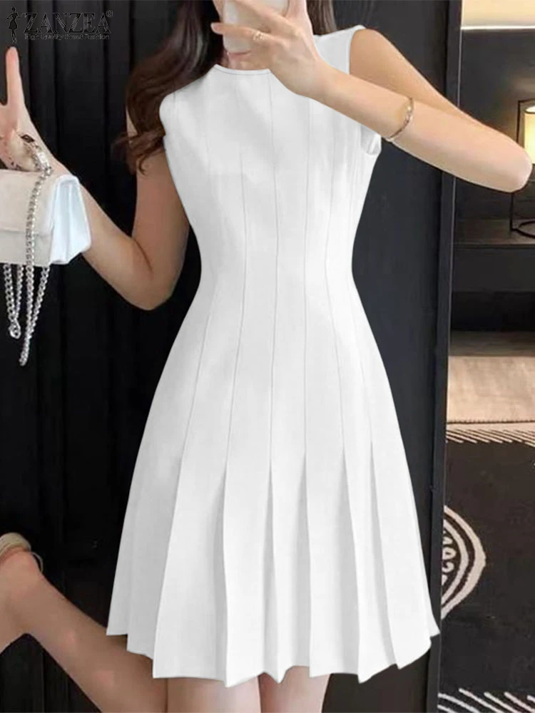 ZANZEA Frauen Elegante Plissee Saum Mini Kleider Mode Oansatz Ärmellose Ausgestattet Taille Roben Femme OL Pendeln Solide Vestidos