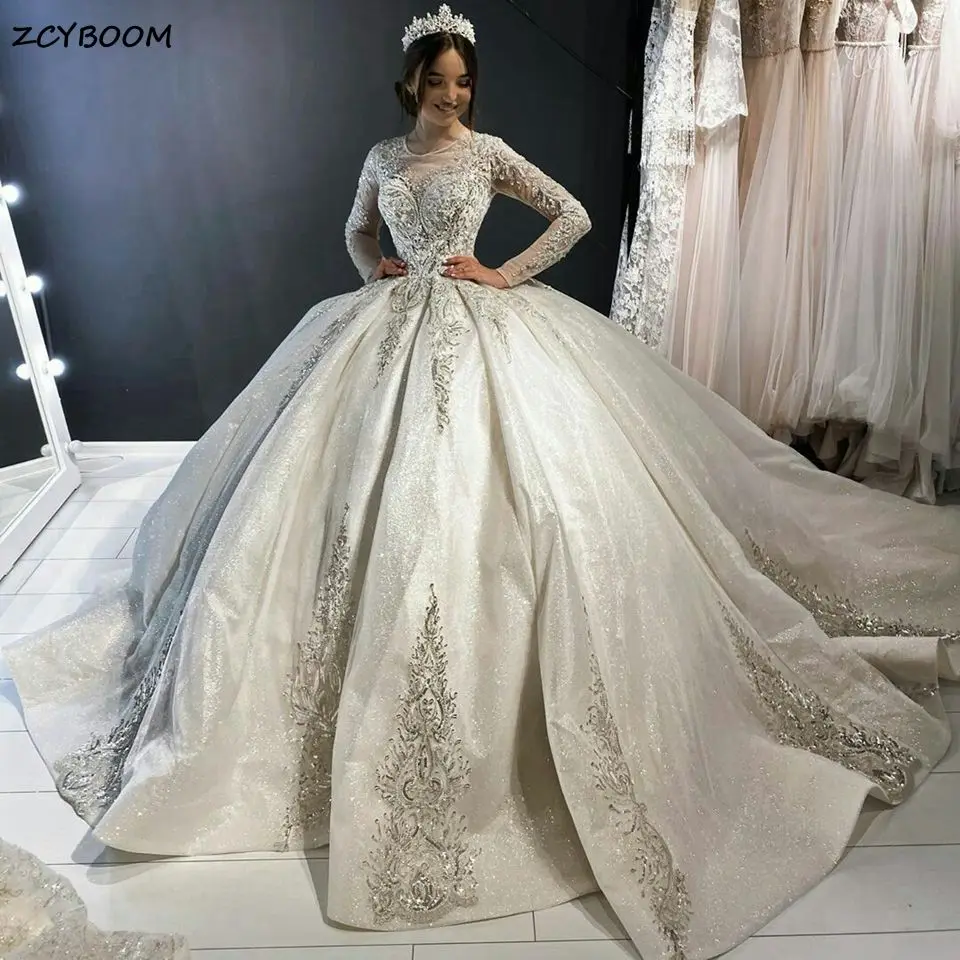 Customized Luxurious Ball Gown Wedding Dresses 2024 Princess Lace Appliques O-Neck Bridal Gowns Chapel Train Vestido De Noiva