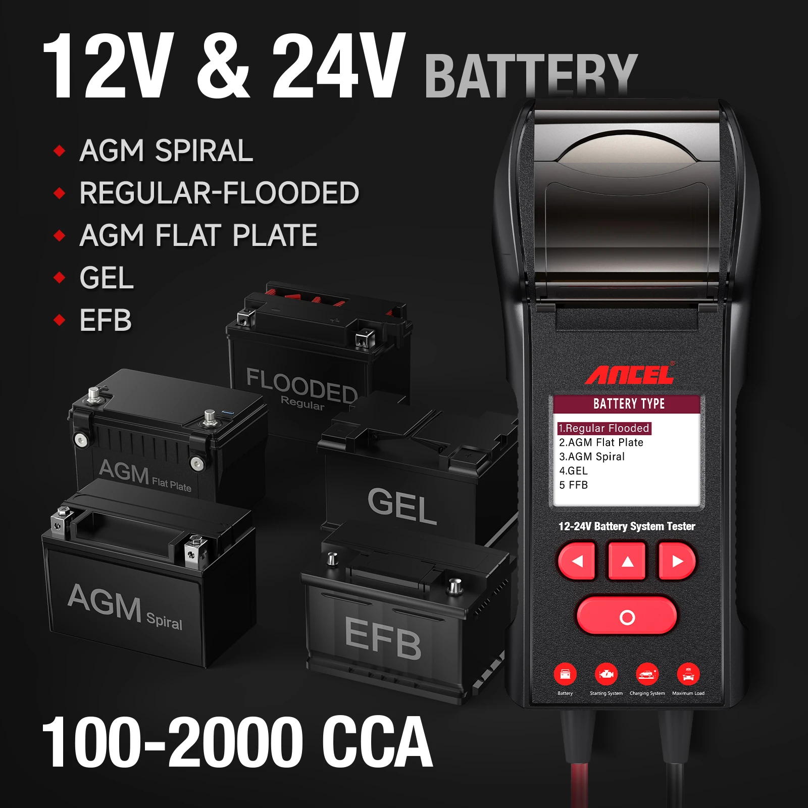 ANCEL BST600 Car Battery Tester with Printer 12V/24V 100-2000CCA Battery Temperature Load Tester Cranking Charging System Test