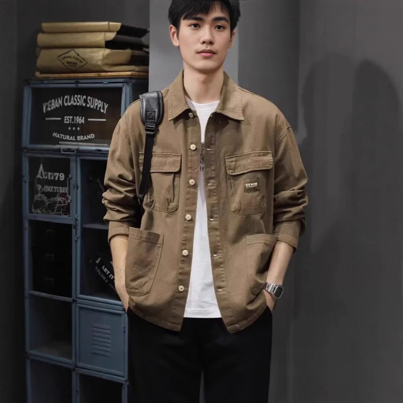 

American Style Cool New Men'S Spring Autumn Trendy Workwear Casual Shirt Turn-Down Collar Coat Trendy