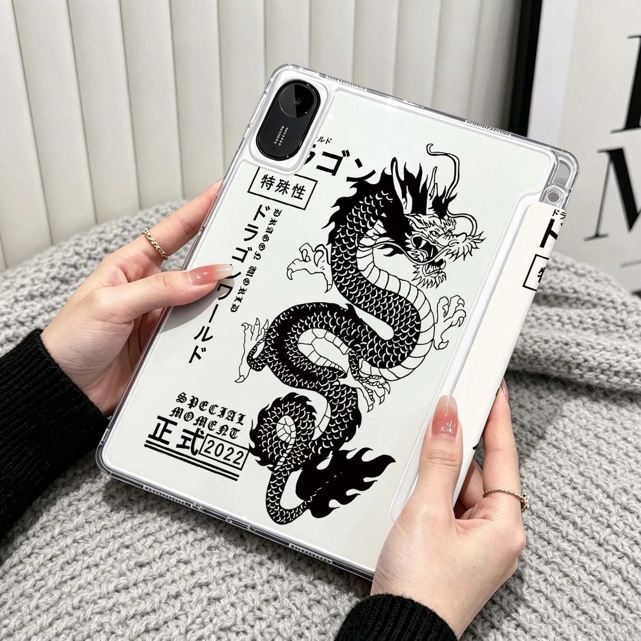 Cartoon Dragon Peace Case For Xiaomi Redmi Poco Pad 5 6 7 8 Pro SE 11 11.2 12.1 Inch Transparent Y-Shaped Folding Tablet