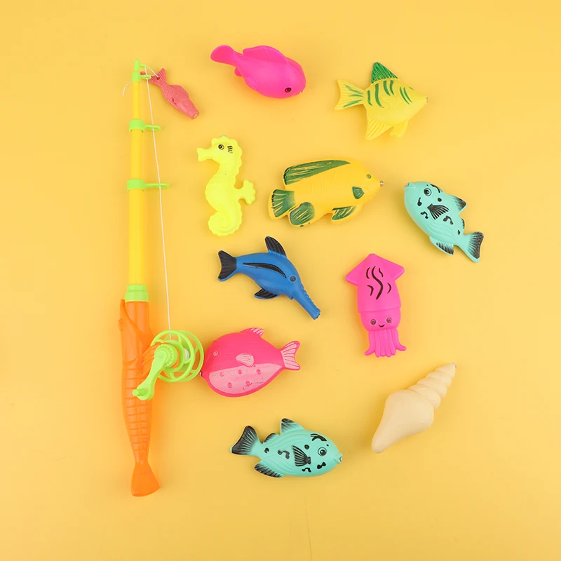 Vara de pesca magnética infantil, 1 peça, com 10 peixes pequenos aleatórios, banheira, piscina, brinquedo de pesca aquática, brinquedos interativos para pais e filhos