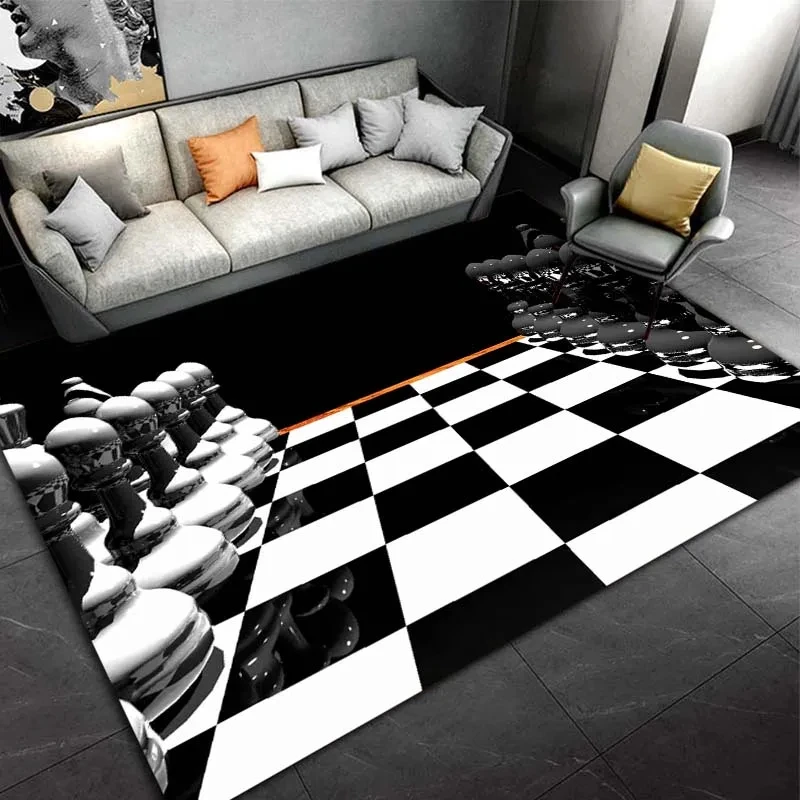 International Chess Chessboard Print Rectangle Carpet Area Rug Black and White Floor Mat Non-slip Rug for Home Entrance Decor