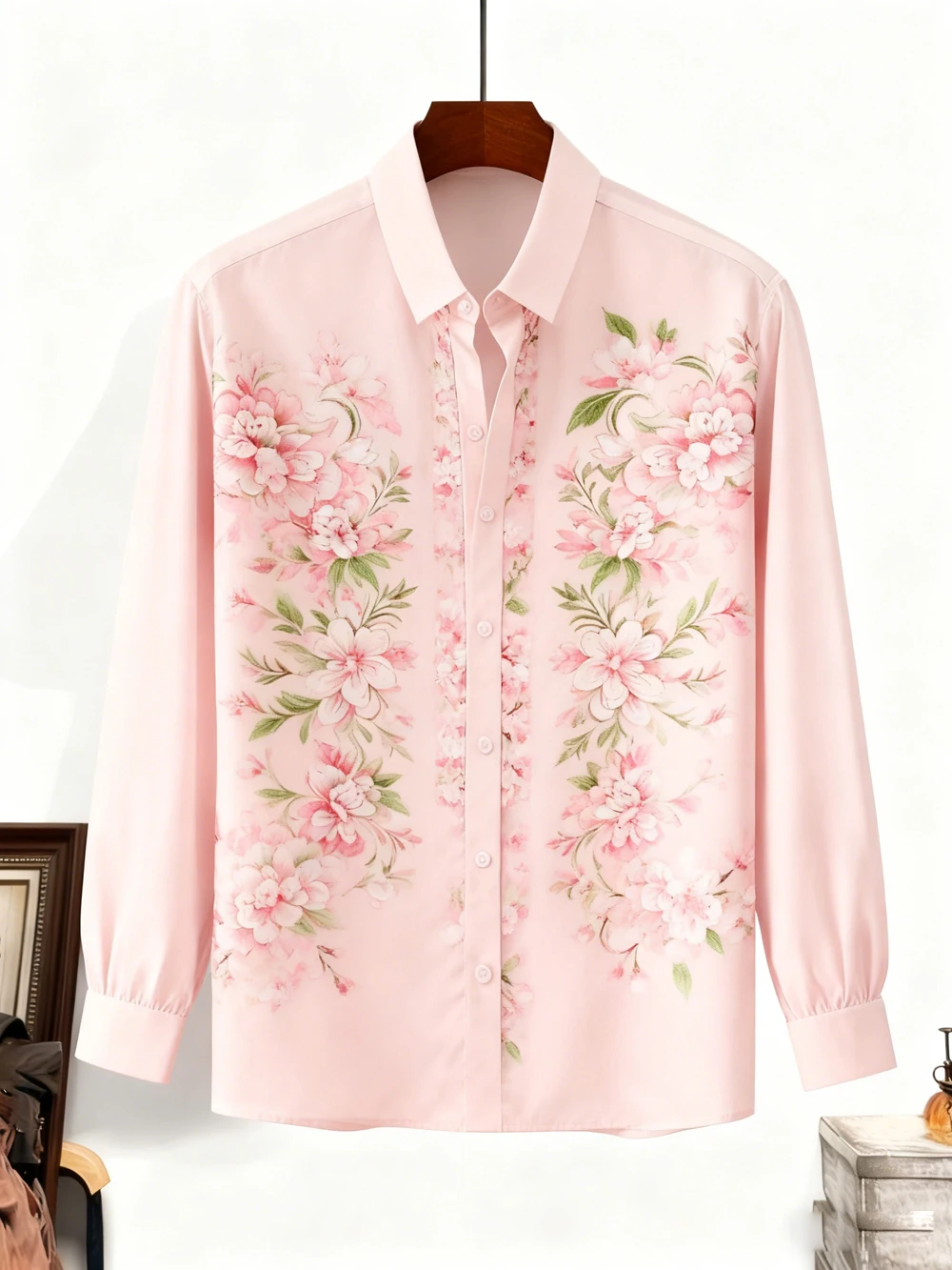 Men's New Business Casual Shirt Natural Plant Lotus Leaf Ukiyoe Waves Green Bamboo Shirt Hawaii Beach Vacation Clothes for Men