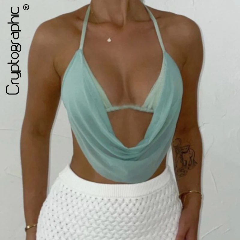 

Cryptographic Hot Summer Halter Crop Tops Outfits Streetwear Girls Mesh Draped Neckline Sexy Backless V Bra Tops Vest Clothes