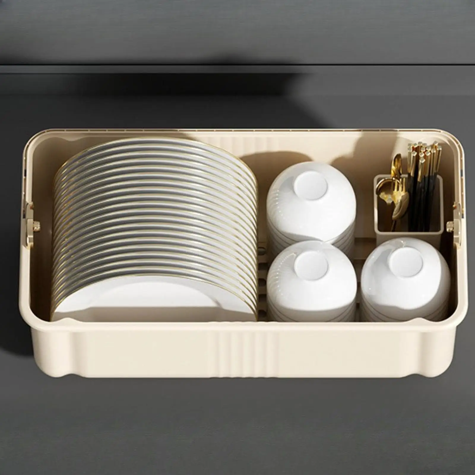 Space Saving Tableware Drying Rack with Dustproof Lid Kitchen Storage Tray Drainer for Plates Bowls and Cutlery