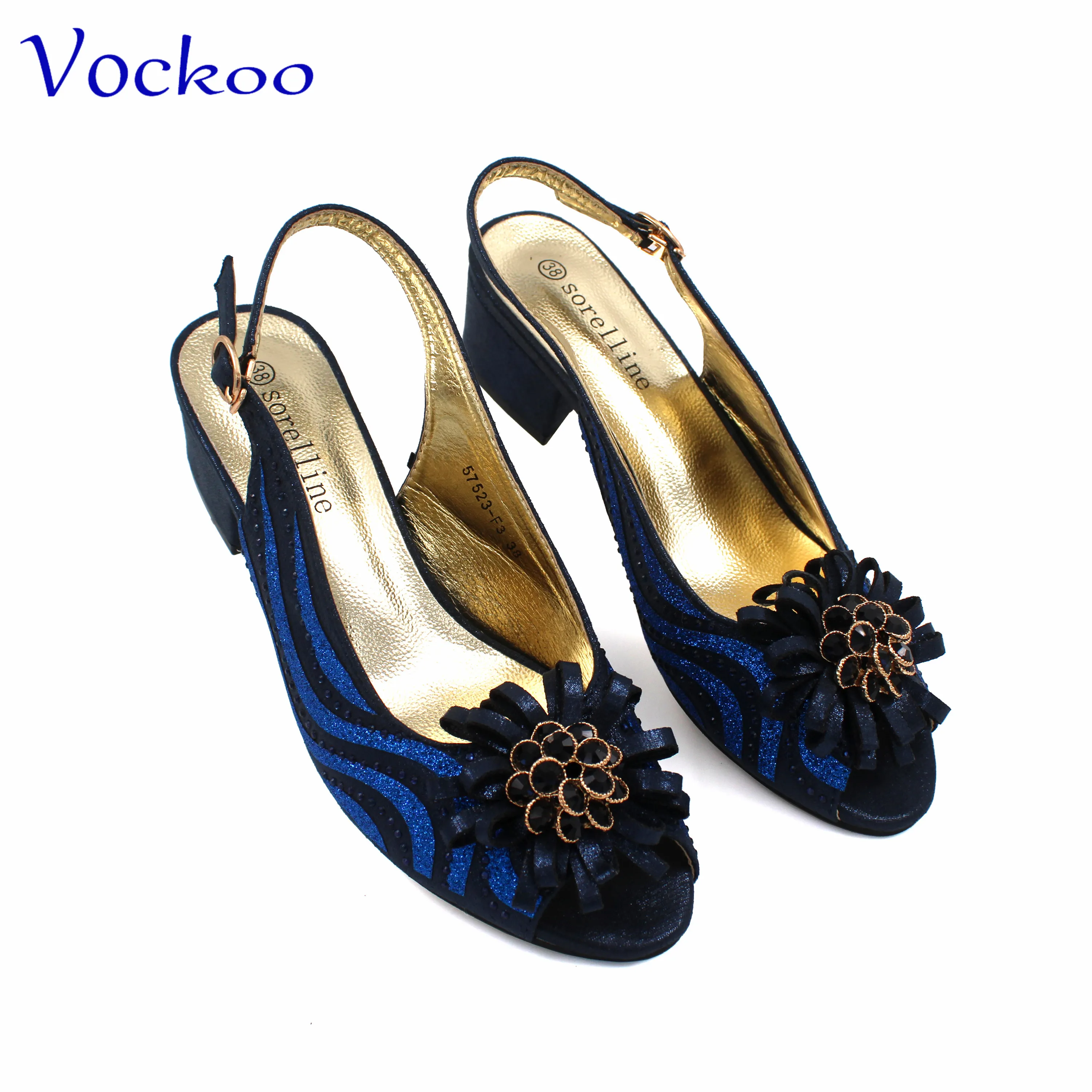 Low Heels New Arrivals Italian Design Nigerian Women Shoes and Bag Set in Dark Blue Color Comfortable Heels with Appliques for P