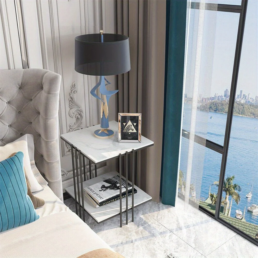 

Modern Marble Square Accent Side Table 2-Tier Coffee Table w/ Storage Shelf