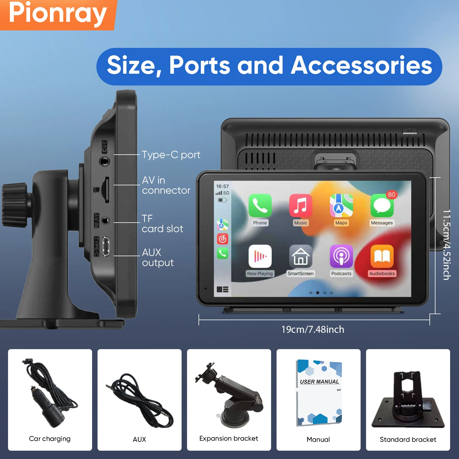 Pionray 7/10 inch Android auto Universele draagbare CarPlay voor autoscherm Autoradio Video Draadloos Carplay-scherm voor Apple