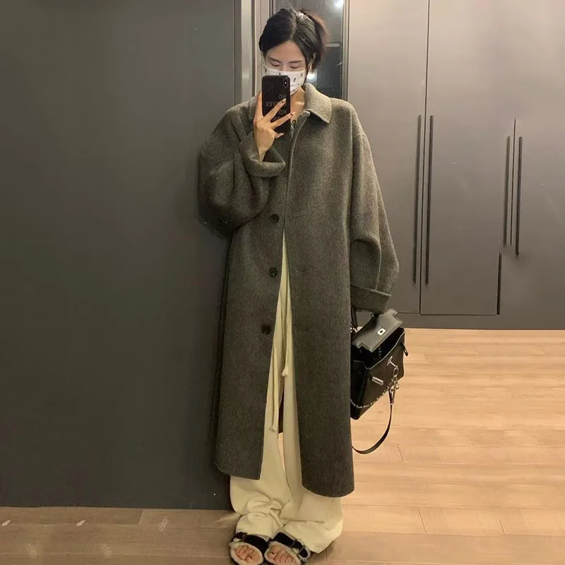 2024 Autumn/Winter New Grey Woolen Coat Women\'s Mid-Length Fashion Trend Advanced Sense Of Solid Color Loose Woolen Coat Commute