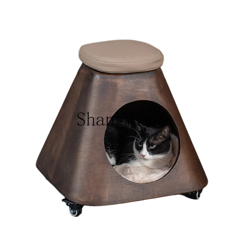 

CL shared cat stool medieval universal wheel solid wood low stool luxury advanced removable and washable cat nest cat house